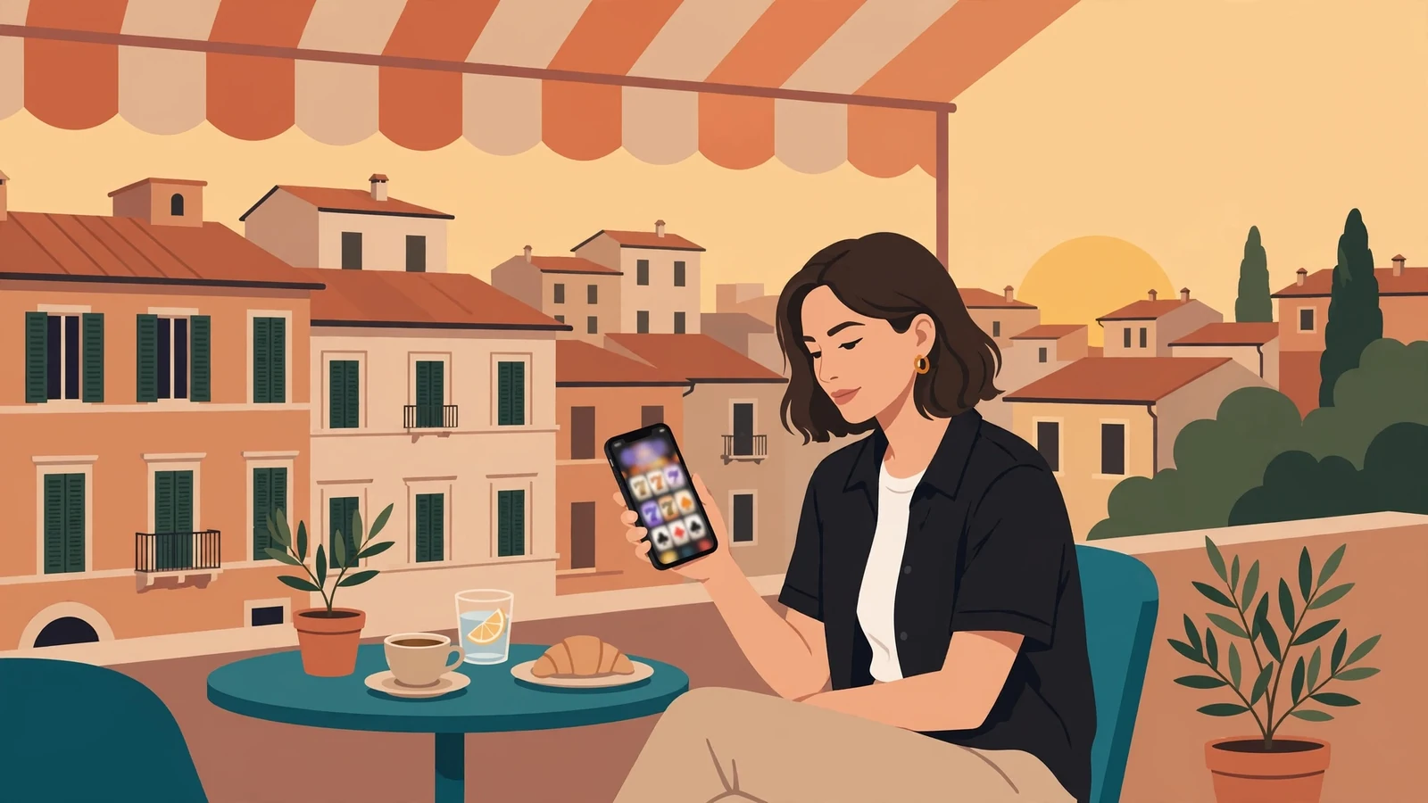 Donna italiana con iPhone in un caffè romano al tramonto