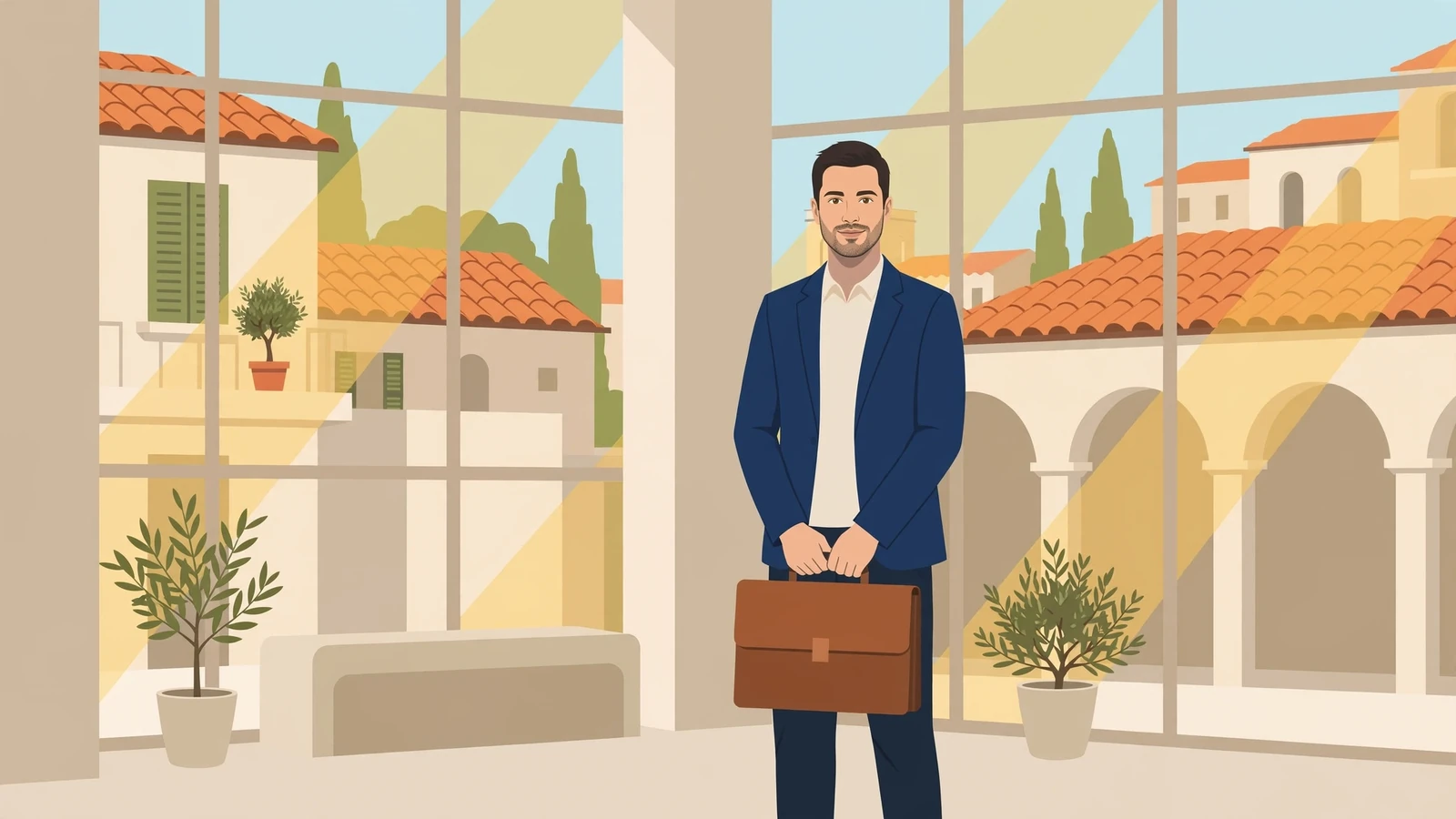 Professionista italiano in atrio moderno con luce naturale