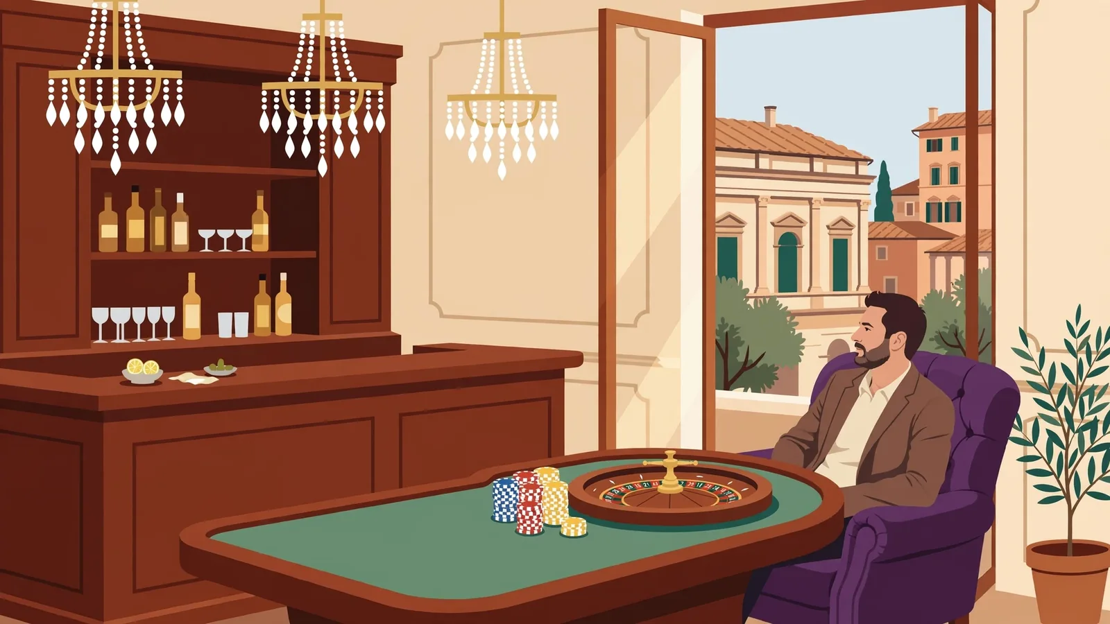 Interno di casinò italiano con fiches, roulette e luce calda.