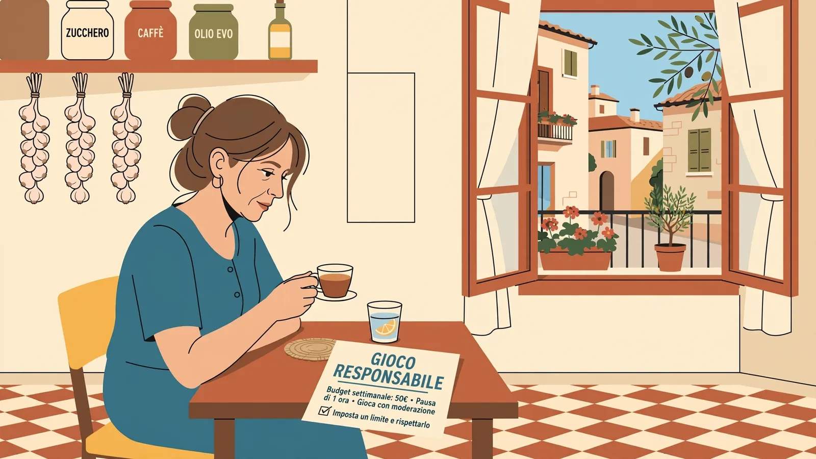 Donna italiana riflette sul gioco responsabile davanti a una finestra luminosa