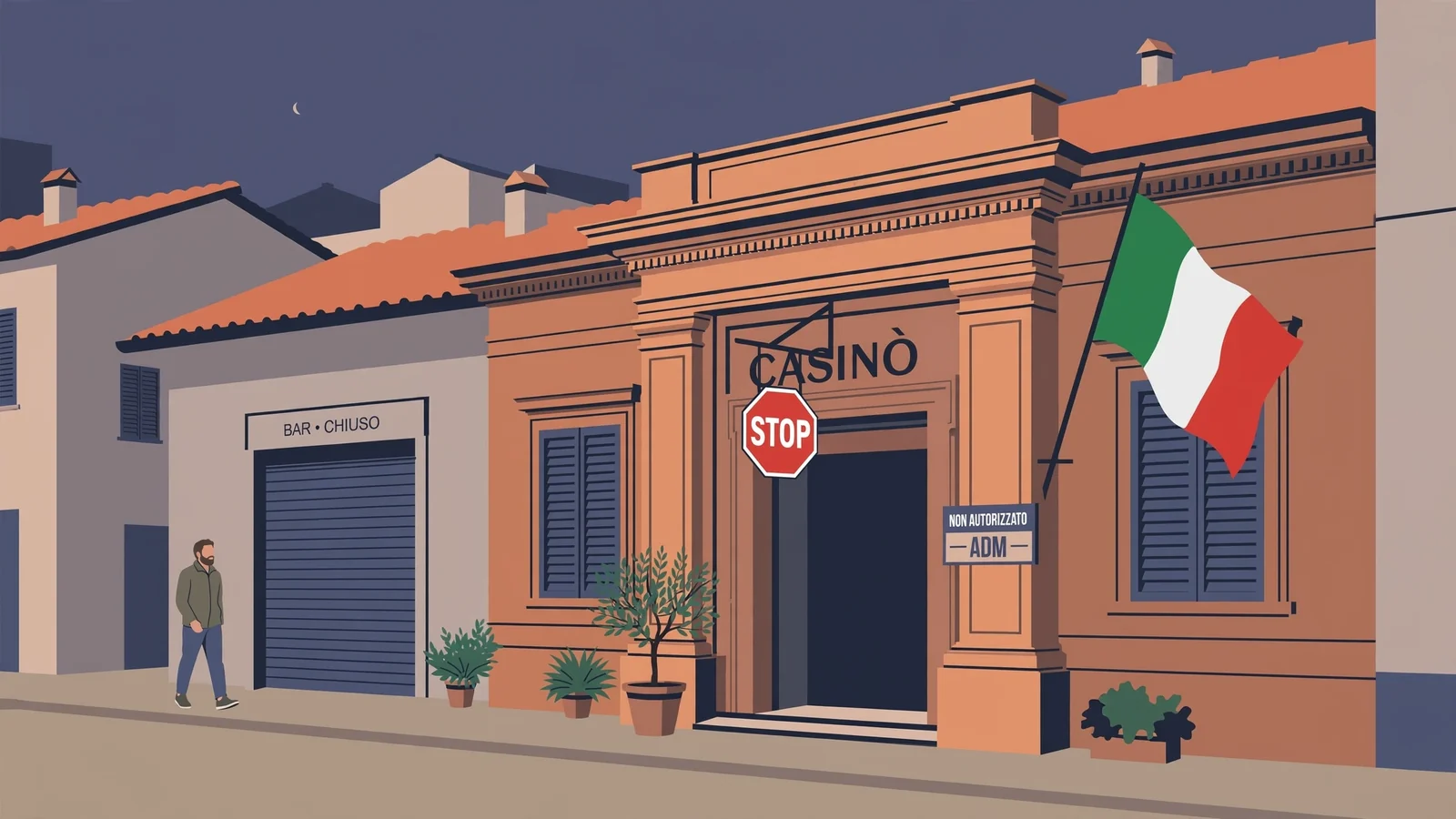 Facciata di casinò chiusa con segnale di divieto e bandiera italiana sullo sfondo