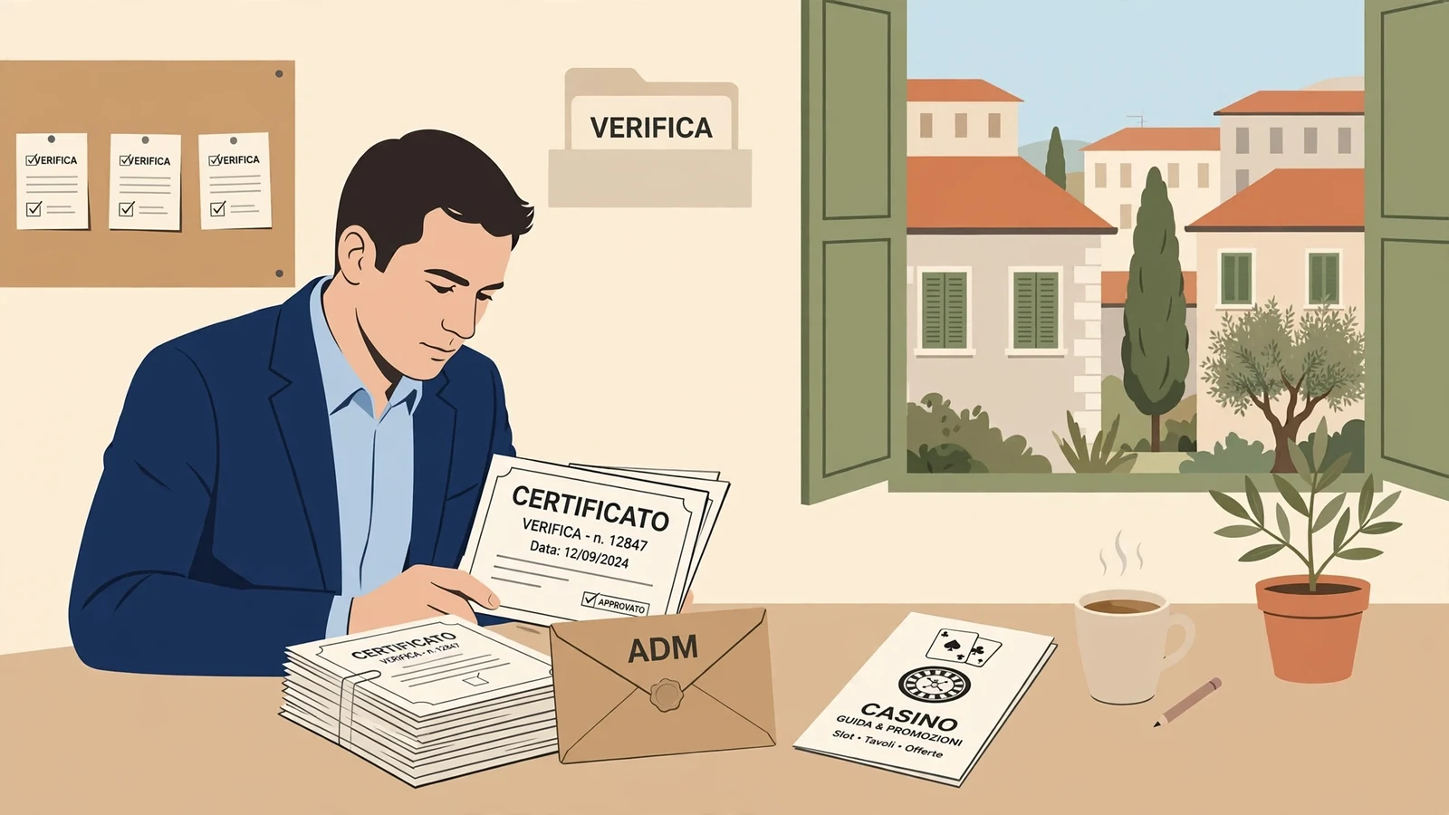 Ufficio con certificati ADM e brochure di casinò senza loghi