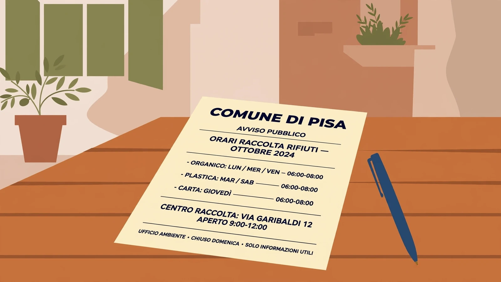 Volantino stampato senza QR né link, su tavolo di legno