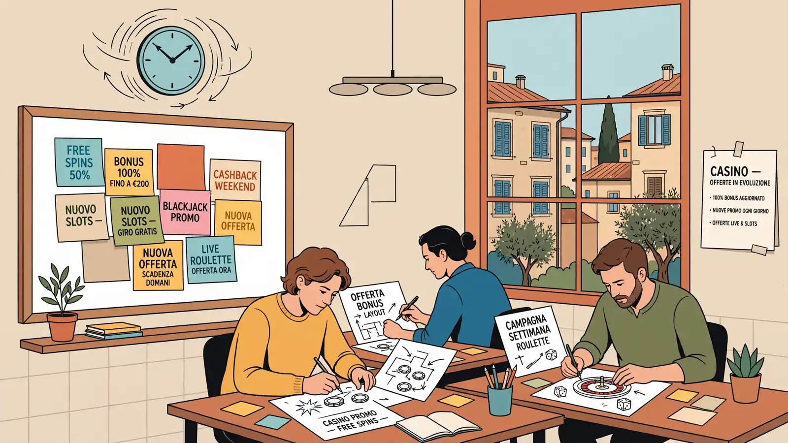 Ufficio marketing con note adesive colorate e orologio