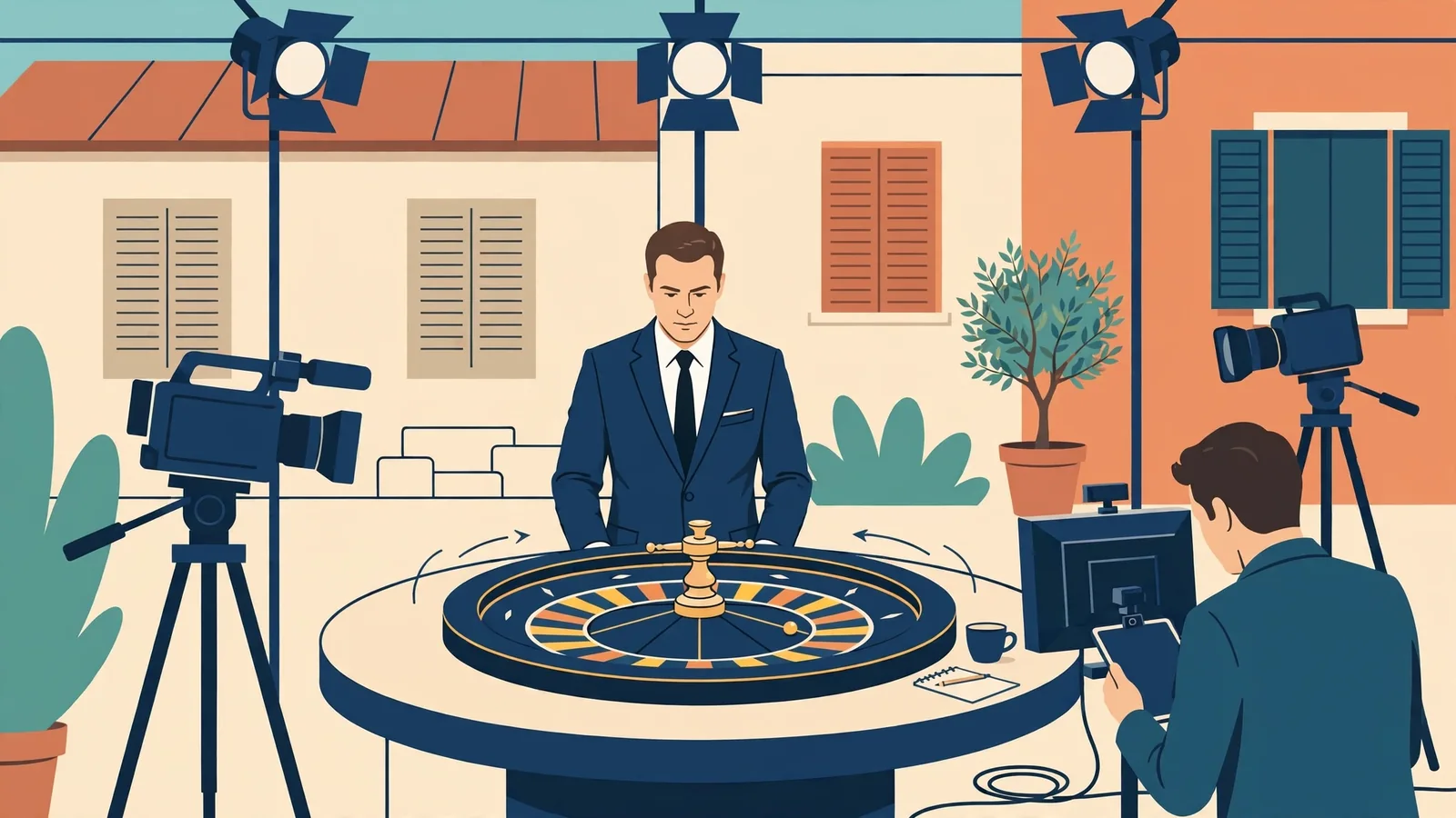 Croupier live con roulette in studio illuminato
