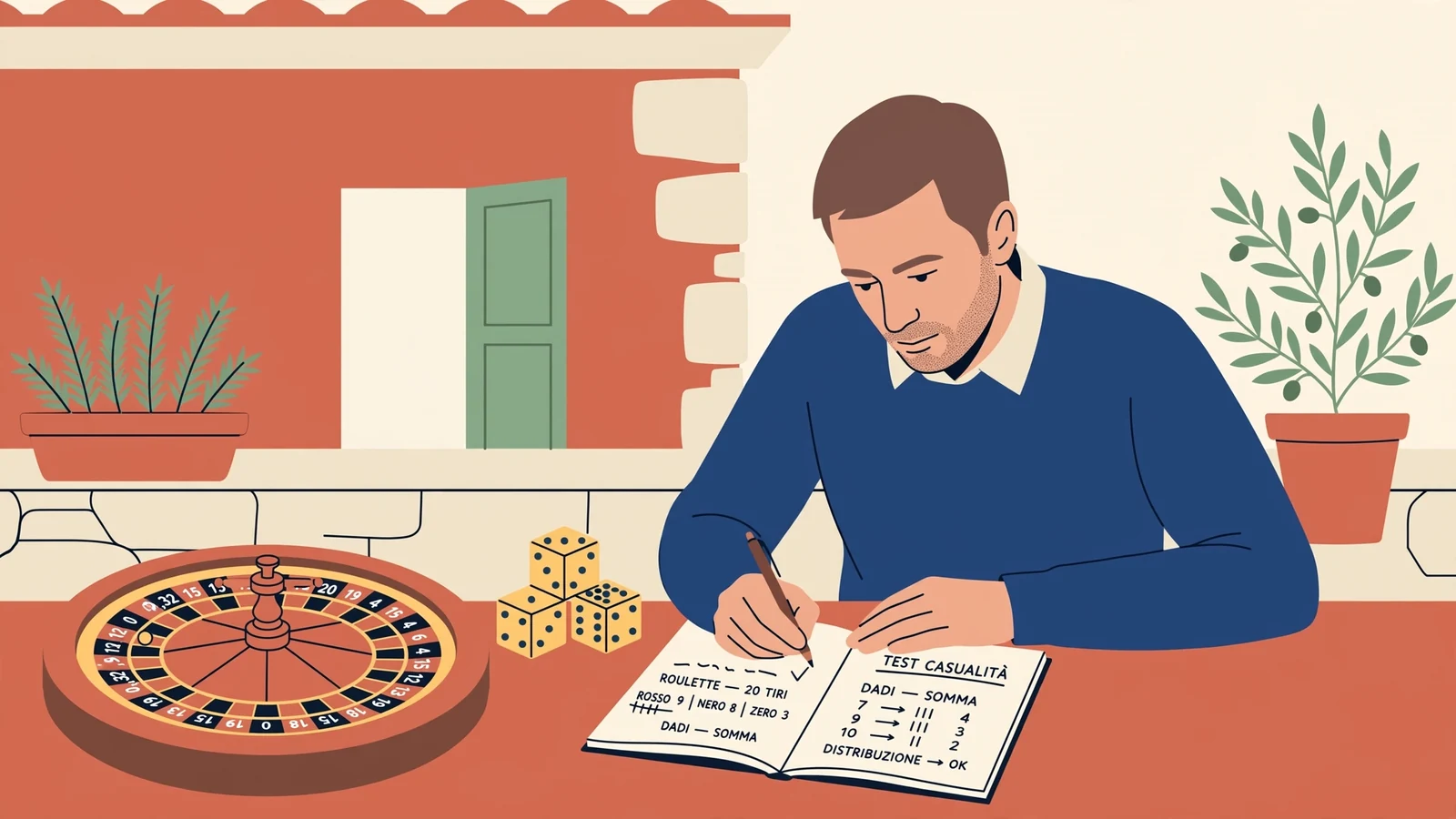 Ricercatore analizza ruota roulette e dadi su tavolo