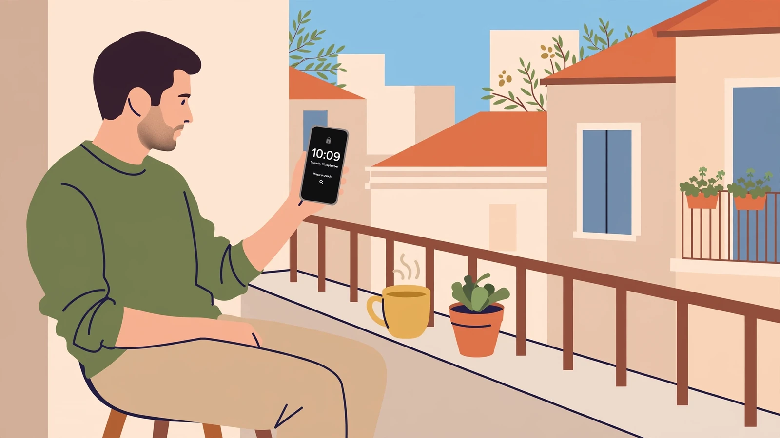 Persona con smartphone bloccato sul balcone italiano