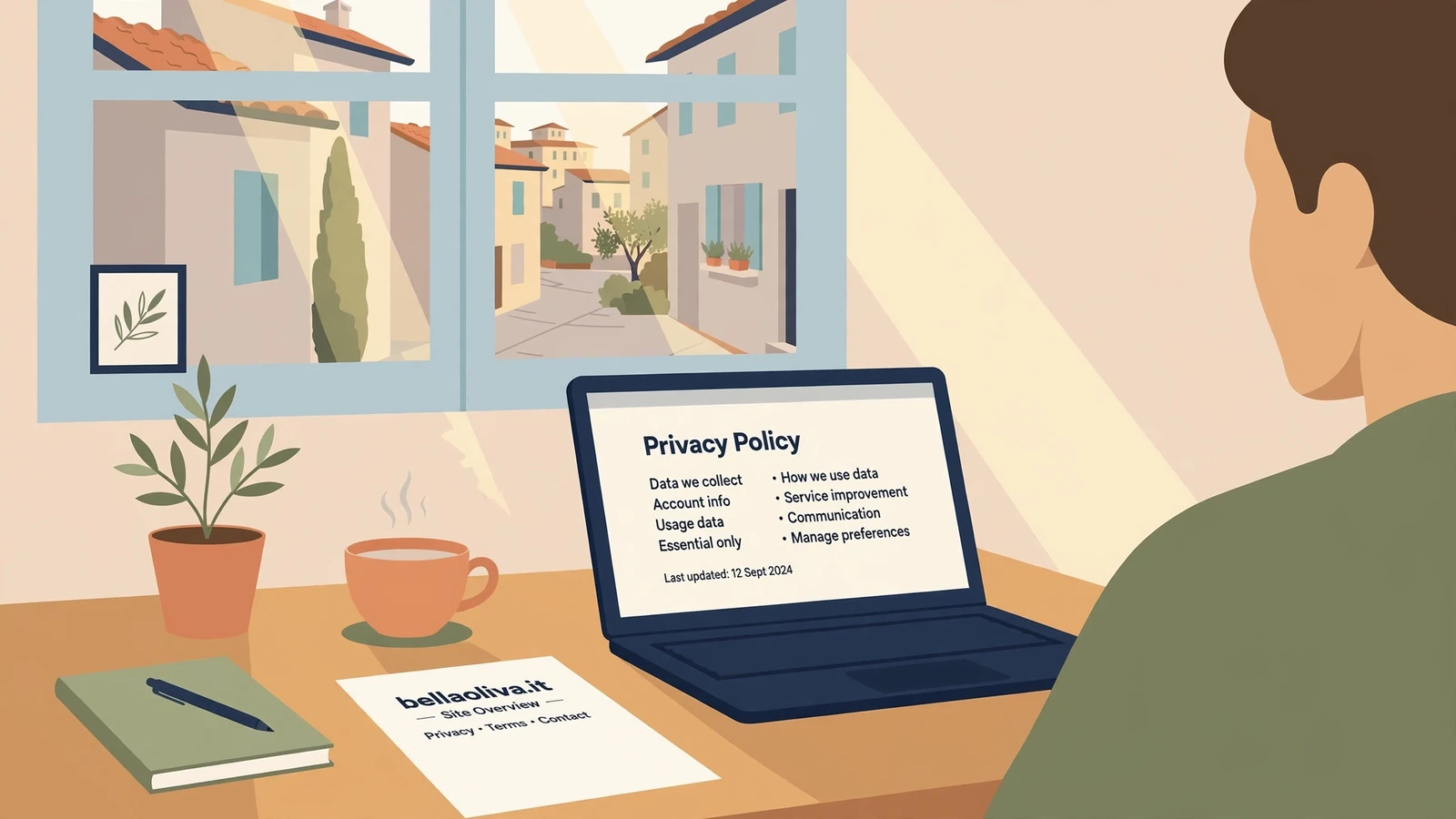 Ufficio italiano con laptop, caffè, luce naturale e vista su strada toscana